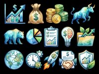 Upward trending financial growth chart with money bag, stacked coins, bull symbol, bear icon, pie chart, clipboard with graph, light bulb, plant in pot, globe, clock with gears, rocket ship, handshake deal, and shield with growth arrow isolated on transparent background. Ready for t-shirt design, clipart, stickers, print-on-demand, and sublimation projects.