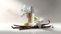 Elegant perfume bottle with vanilla pods and delicate white jasmine flowers on soft neutral background, showcasing luxury fragrance ingredients.