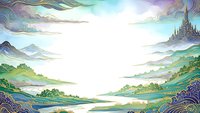 Mystical fantasy landscape with ornate swirling clouds, distant castle and rolling hills in pastel colors for fairy tale storytelling and magical designs.