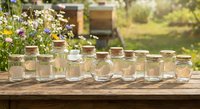 Empty glass jars with lids arranged on wooden table outdoors for canning, preserving, storage, DIY projects, crafts, and homemade food preparation in garden setting.