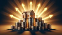 House models on stacks of coins with upward arrows showing real estate investment growth and property value appreciation concept for financial planning.