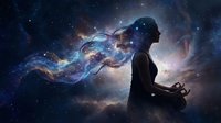 Woman silhouette meditating with cosmic galaxy hair flowing in space nebula stars spiritual mindfulness yoga practice universe connection inner peace.