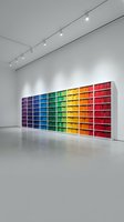 Contemporary art installation featuring colorful rainbow spectrum books arranged in geometric grid pattern on white gallery wall with track lighting.
