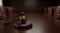 Wooden gavel with brass band on sound block in elegant courtroom with leather chairs and dark wood paneling for legal proceedings.