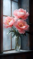 Pink peonies in glass vase on windowsill with natural light, ideal for home decor, floral arrangements, and interior design projects.