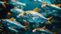 Silver fish with orange fins swimming in deep blue water, macro underwater photography showing detailed scales and eyes in natural aquatic environment.