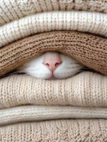 Adorable cat hiding between cozy knitted sweaters showing only pink nose and whiskers. Cute pet concept for autumn winter fashion and comfort themes.