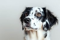 Close up portrait of black and white English Setter mix dog with expressive brown eyes and spotted markings against light background, showing gentle expression.