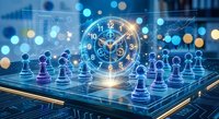 Strategic business planning concept with glowing clock and chess pieces on digital board representing time management and corporate strategy decisions.