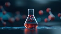 Laboratory glass flask containing glowing orange liquid with floating molecular structure against dark background with bokeh effect and water reflection.