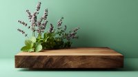 Fresh lavender sprigs and green leaves arranged on natural wood floating shelf against mint green wall for home decor and botanical styling projects.