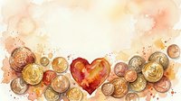 Watercolor heart surrounded by golden coins with warm splashes, symbolizing love for money, wealth attraction, financial success and prosperity dreams.