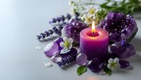 Purple candle burning among amethyst crystals, lavender flowers and gemstones creating peaceful spa atmosphere for meditation and wellness rituals.