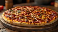 Fresh pepperoni pizza with melted cheese and crispy crust on wooden serving board, warm lighting creates appetizing mood for restaurant menu or food delivery.
