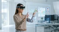 Professional businesswoman using augmented reality headset interacting with holographic data interface in modern office environment for future technology applications.