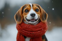 Happy Beagle dog wearing red knitted scarf smiling at camera during winter snowfall, close up portrait with bright blue eyes and cheerful expression.