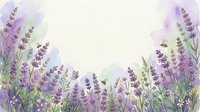 Watercolor lavender field border with purple flowers and green stems creating frame on soft pastel background for aromatherapy and wellness designs.
