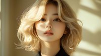 Young Asian woman with blonde wavy bob haircut in warm sunlight with window shadows, soft natural makeup, and serene expression looking at camera. Professional beauty portrait.