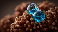 Blue glass spheres with floral patterns resting on textured brown coral formation, creating contrast between smooth transparent objects and organic texture.