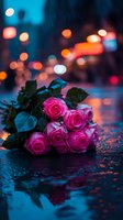 Pink roses lying on wet asphalt with blurred city lights creating romantic bokeh effect in blue and orange tones, reflecting in rain puddles at night.