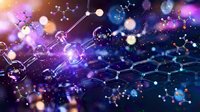 Abstract molecular structure with glowing particles and bokeh lights on cosmic background for science technology research presentations.