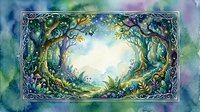 Enchanted forest frame with mystical trees and magical foliage creating natural archway on watercolor background for fantasy storytelling and nature designs.
