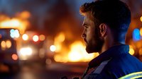 Caucasian male first responder in reflective uniform observing emergency scene at night with fire and bokeh lights in background, profile view showing focused expression.