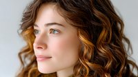Young woman with bright blue eyes and wavy brown hair with golden highlights gazes thoughtfully to side against light background, showcasing natural beauty and modern style.