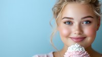 Young blonde woman with blue eyes and natural makeup smiling while holding cupcake with whipped cream against light blue background.