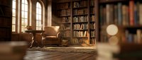 Cozy home library interior with leather armchair, wooden bookshelves, warm sunlight through arched windows creating peaceful reading atmosphere for relaxation.