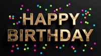 Happy Birthday golden metallic text on dark background with colorful confetti dots. Festive celebration greeting card design.