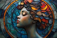 Mystical female profile with flowing curly hair against stained glass background in turquoise and orange tones, featuring ethereal artistic style and decorative circular frame.