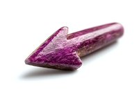 Raw purple ruby crystal in arrow shape on white background, natural mineral specimen showing crystalline structure and vibrant color. Isolated gemstone for design use.