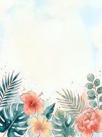 Watercolor tropical floral border with hibiscus, monstera leaves, and palm fronds on soft pastel background with copy space.
