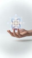 Open hands presenting glowing infinity knot symbol with digital icons representing connection, unity and endless possibilities in modern technology.