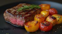 Juicy grilled beef steak cooked medium rare with fresh rosemary sprig and colorful roasted cherry tomatoes served on dark plate, close up food photography.