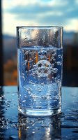 Clear glass of sparkling water with bubbles rising against blurred blue sky background, refreshing drink concept for hydration.
