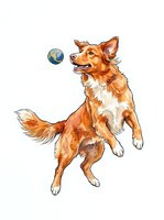 Playful brown and white dog jumping to catch a ball, isolated on white background. Perfect for pet-related designs, t-shirts, and clipart applications.