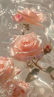 Delicate pink roses floating in crystal clear water with sparkling light reflections, creating a dreamy romantic atmosphere for wedding or spa designs.