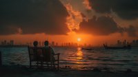 Couple sitting on bench watching dramatic sunset over city skyline with boats on water. Romantic evening scene with golden light reflecting on waves.