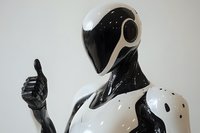 Futuristic humanoid robot with sleek black and white design pointing finger upward against neutral background for technology concepts.