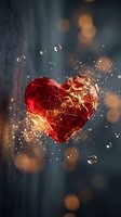 Shattered red crystal heart exploding with golden sparks and glass fragments against dark moody background with bokeh lights for romantic concepts.