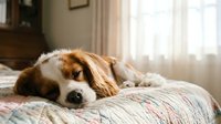 Adorable beagle dog sleeping peacefully on cozy bedroom quilt in warm sunlight streaming through window curtains creating relaxing home atmosphere.
