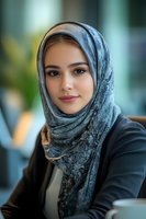 Young Middle Eastern woman in patterned hijab and business attire smiling confidently at camera, with soft bokeh background and natural lighting. Professional portrait setting.