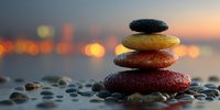 Zen stone stack balanced on pebbles at sunset beach with warm bokeh lights creating peaceful meditation atmosphere for wellness and mindfulness practices.