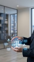 Businessman hands protecting digital justice scales with law books icons in modern office environment for legal technology and compliance concepts.