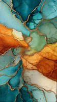 Abstract fluid art with teal blue, orange, and gold veining resembling marble or geode. Elegant luxury background for modern interior design.