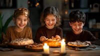 Happy children gathered around candlelit table with homemade desserts and pastries, celebrating special occasion in cozy evening atmosphere at home.