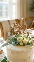 Elegant white birthday cake with fresh roses, eucalyptus, and a wooden Happy Birthday topper, styled in a warm rustic dining setting.