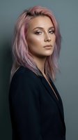 Young Caucasian businesswoman with trendy pink hair wearing black blazer in professional studio portrait for corporate branding and modern workplace concepts.